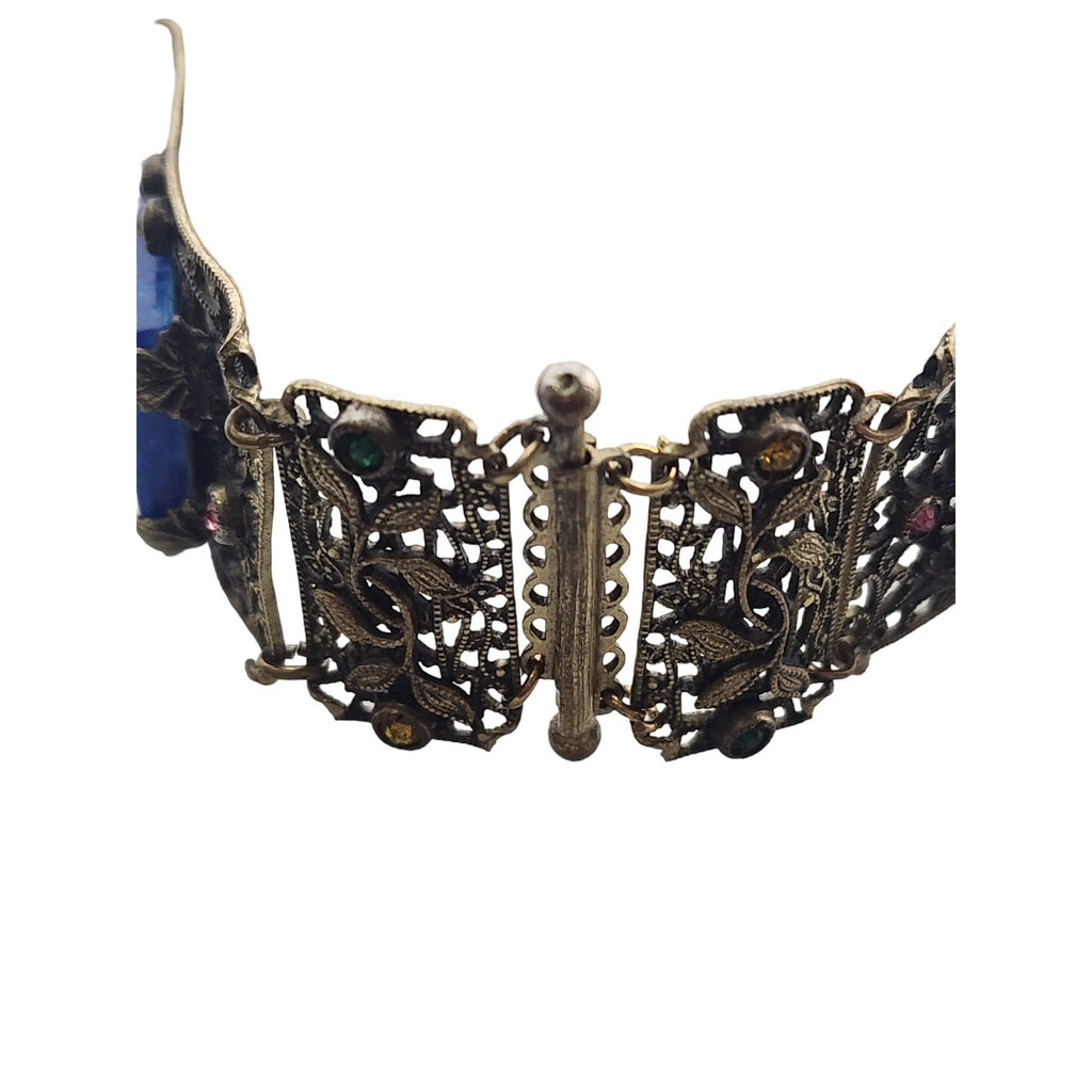 Vintage Czech Style Filigree Brass & Lapis Glass Bracelet (A3858)