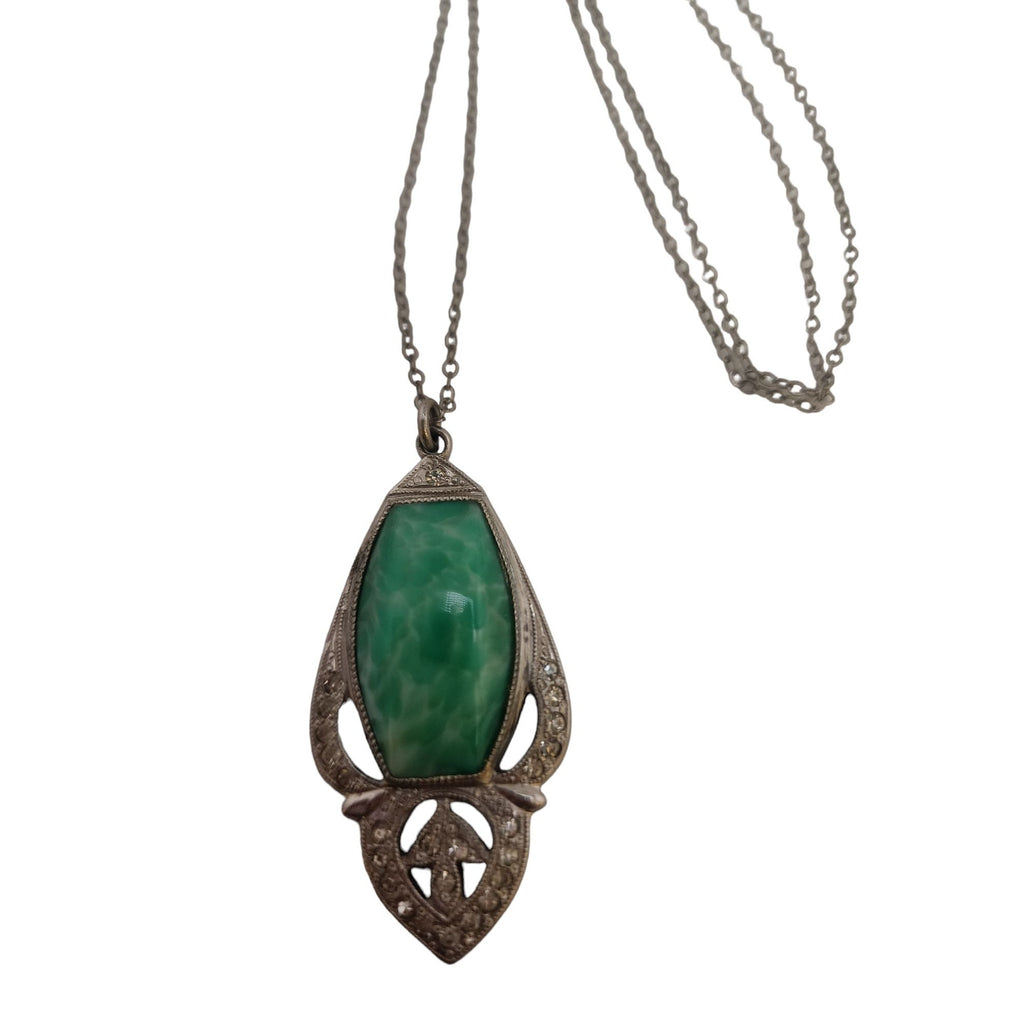 Antique Mottled Green Glass Art Deco & Paste Pendant Necklace (A3884)