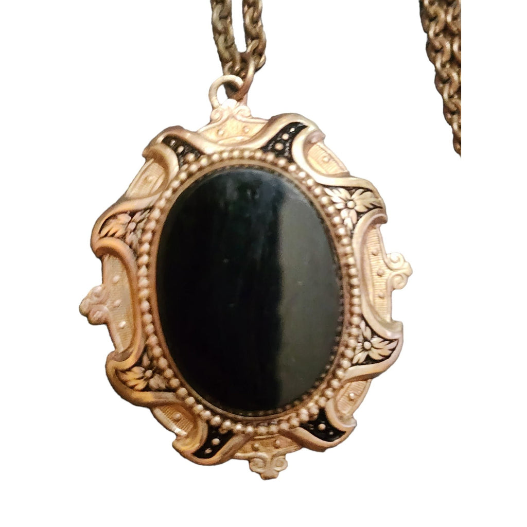 Wonderful Victorian Revival Brass Enamel And Glass Locket Pendant Necklace A4764