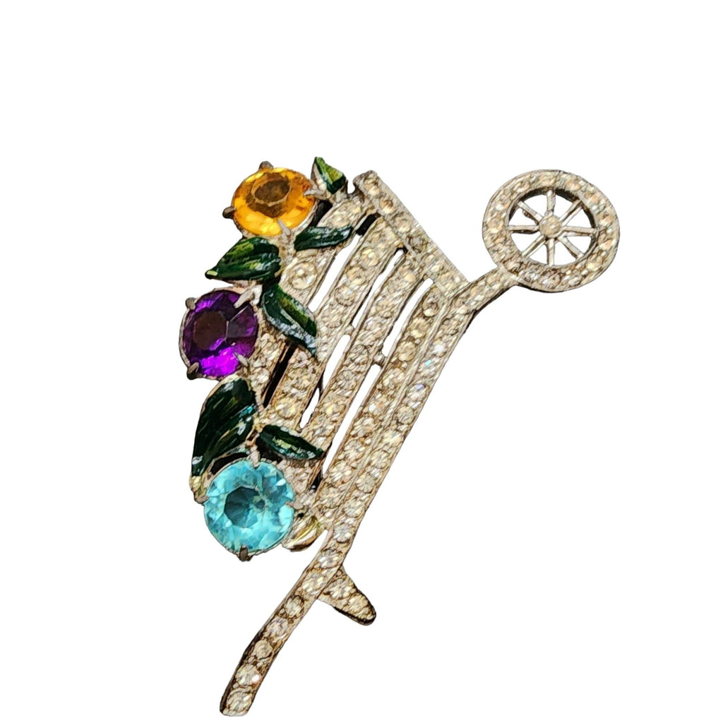 Antique Enameled Rhinestone and Pot Metal Wheel Barrel Brooch (A4871)