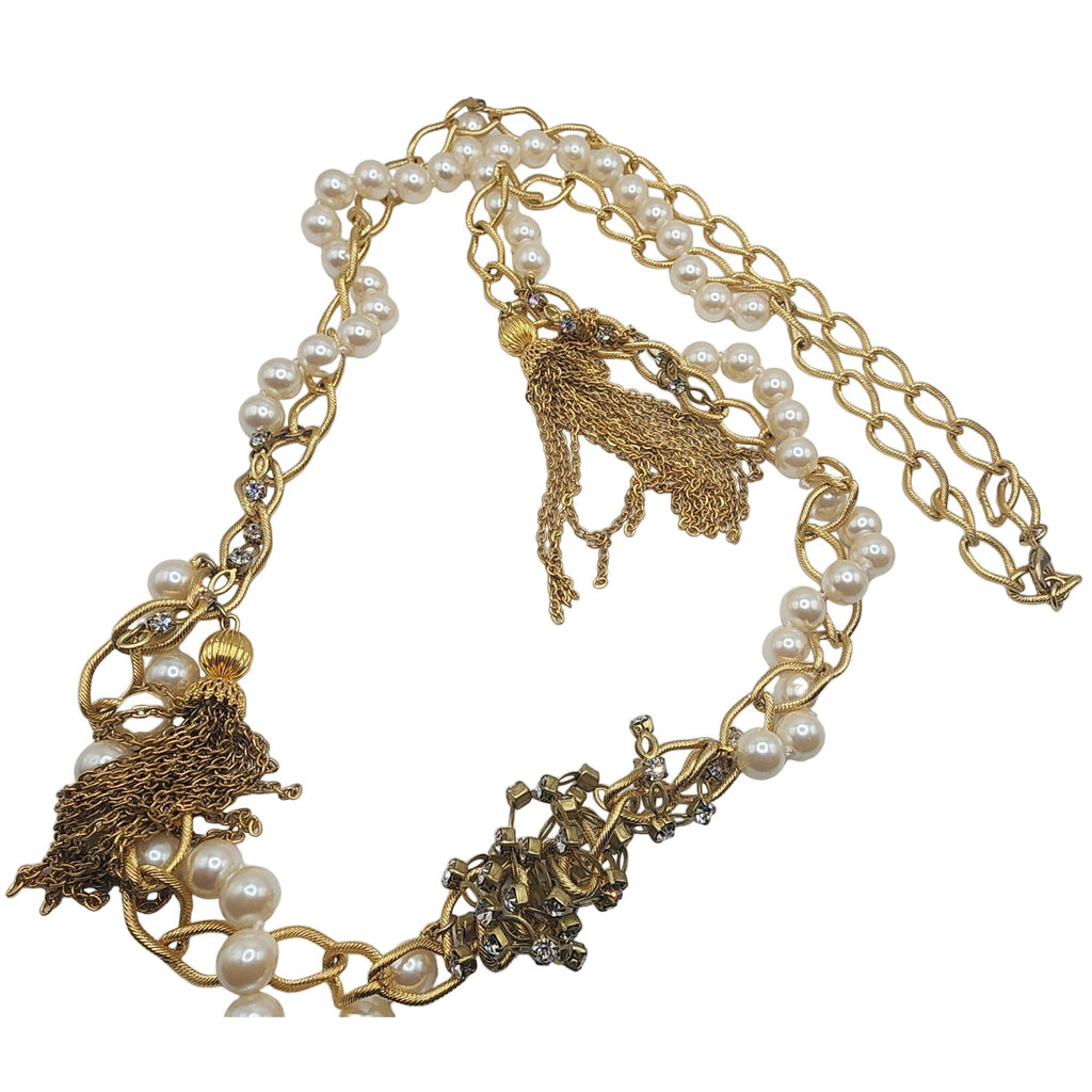 Vintage Faux Pearl Rhinestone & Tassel Chain Necklace (A5075)