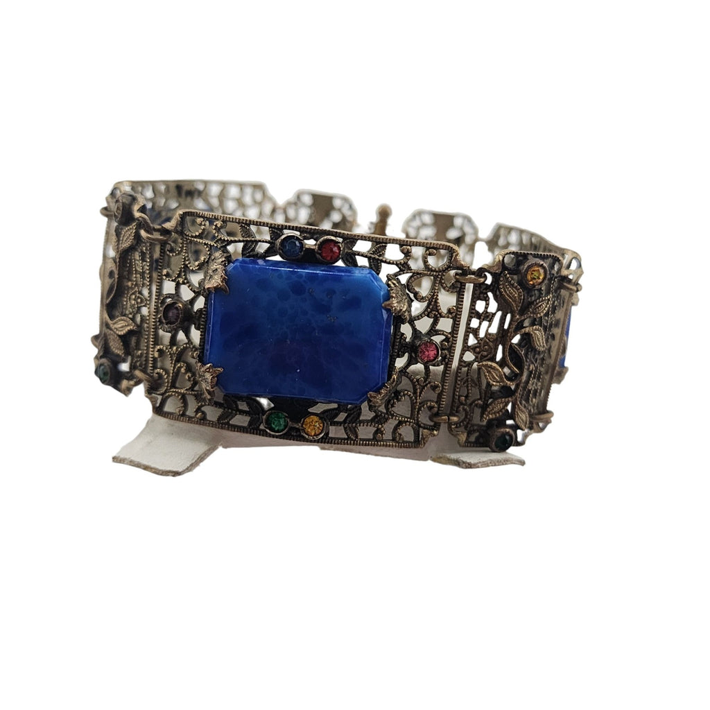 Vintage Czech Style Filigree Brass & Lapis Glass Bracelet (A3858)