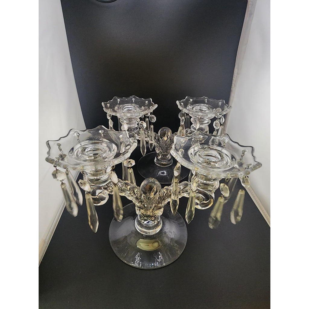Vintage Cambridge Martha #495 Glass Candelabras With Dangling Crystals (A6261)