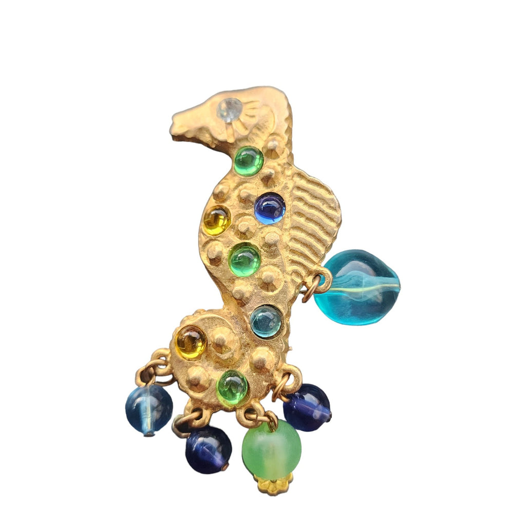 Vintage 80s Jeweled Sea Creature Dangling Beaded Brooch (A4243)