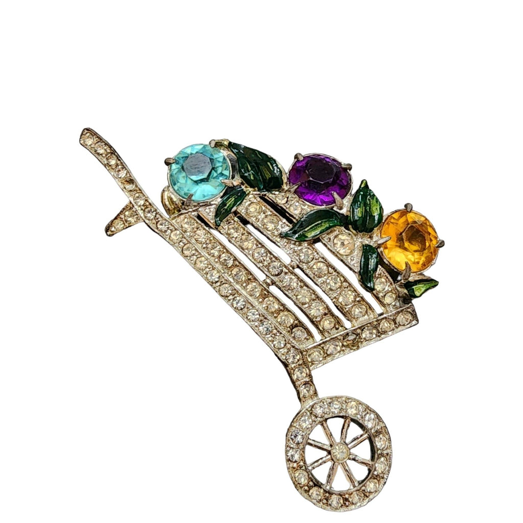 Antique Enameled Rhinestone and Pot Metal Wheel Barrel Brooch (A4871)