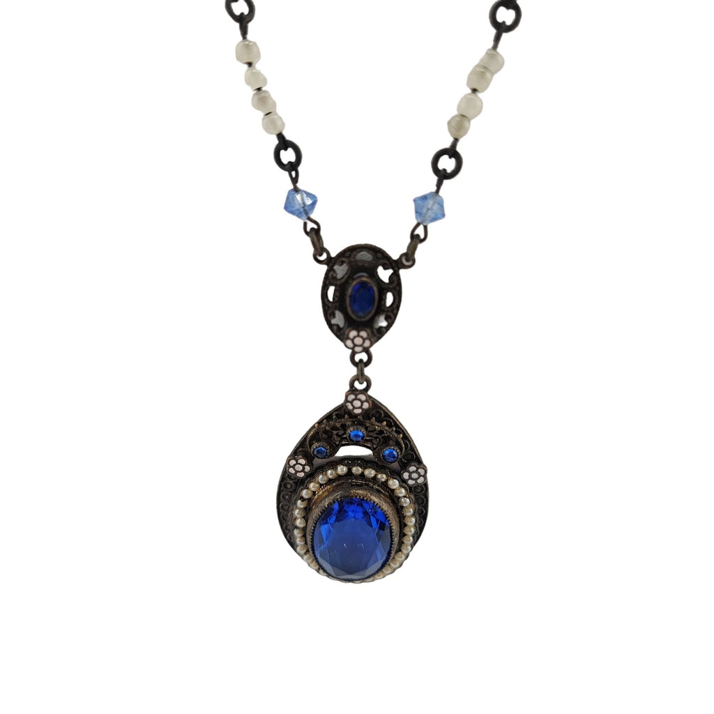 Vintage Enamel & Faceted Glass Pendant Necklace (A3854)