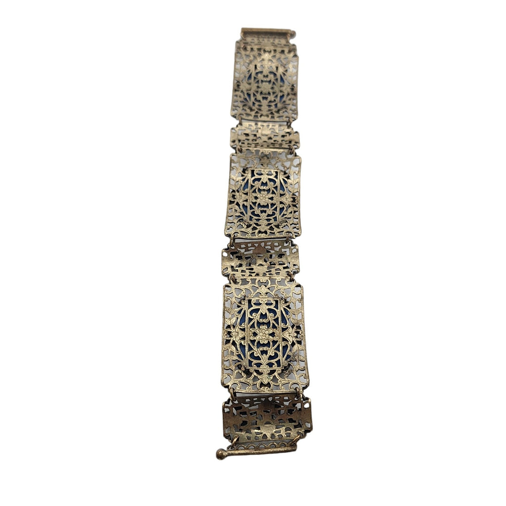 Vintage Czech Style Filigree Brass & Lapis Glass Bracelet (A3858)