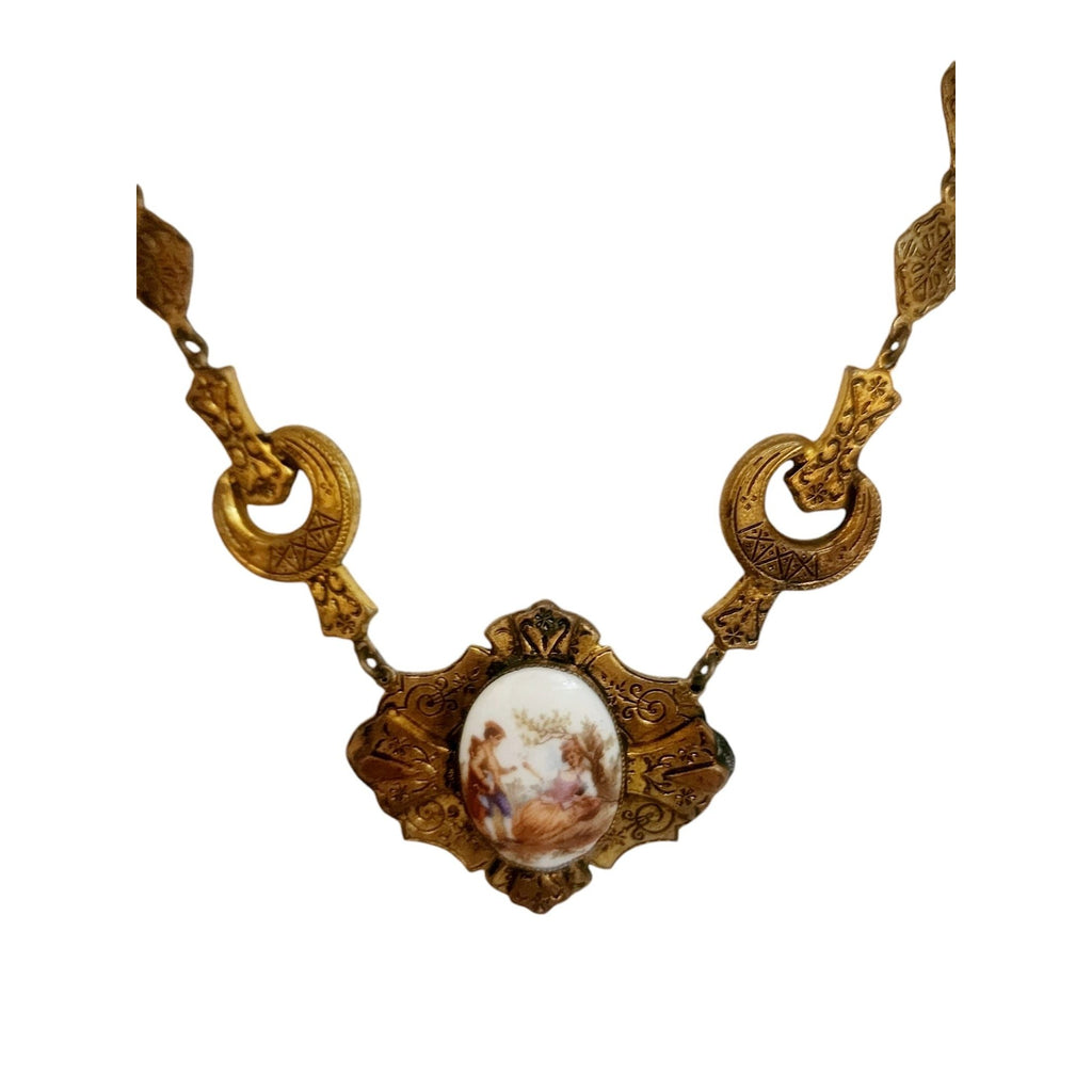 Vintage Victorian Revival Porcelain Transfer Fragonard Necklace (A5740)