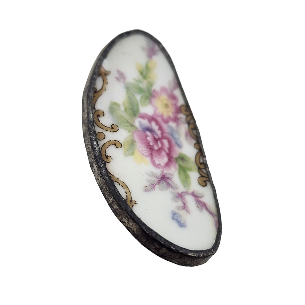 Vintage Curved Bezel Set Porcelain Flower Brooch (A3861)