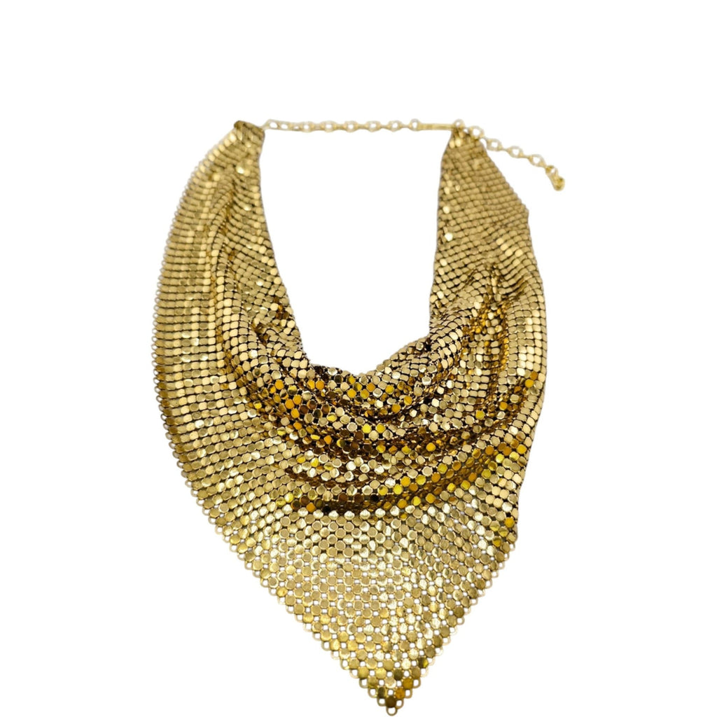 Vintage 80s Gold Mesh Handkerchief Necklace (A7864)