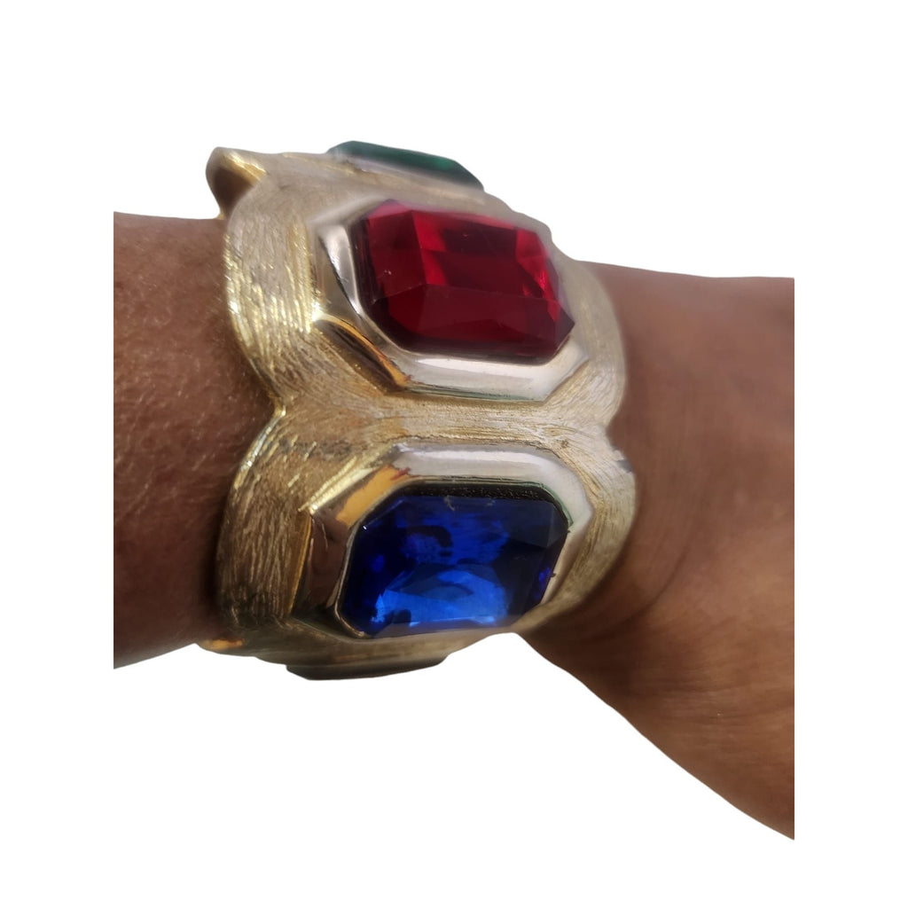 Fabulous 80s Mogul Style Acrylic And Glass Jeweled Wide Cuff Bracelet (A5597)