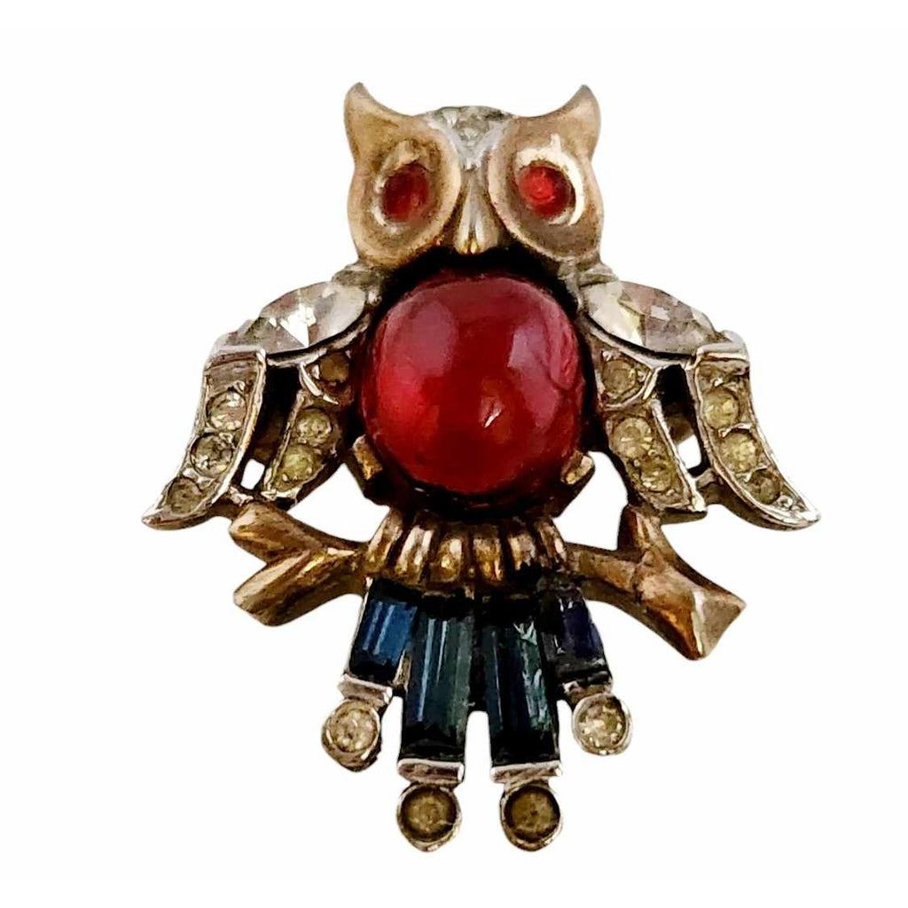 Vintage Signed Trifari Alfred Philippe Jelly Belly Style Tiny Owl Brooch (A5864)