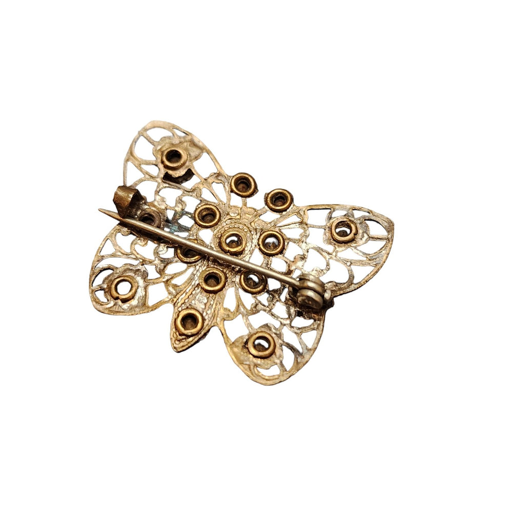 Vintage Early Rhinestone Riveted Filigree Butterfly Brooch (A3938)