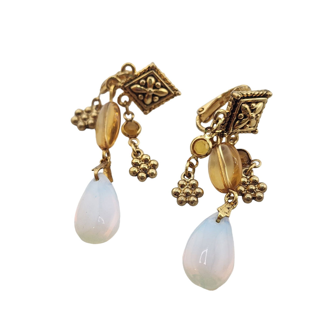 Vintage Fleur De Lis Clip Earrings With Moonstone (A3840)