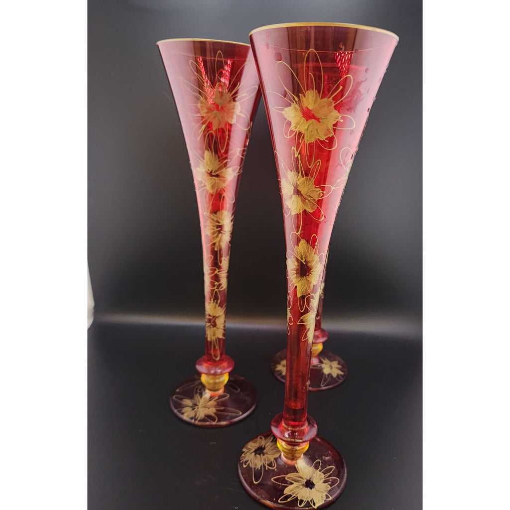 Set Of 3 Cranberry Flashed Painted Bohemian Glass Flute Vases (A6258)