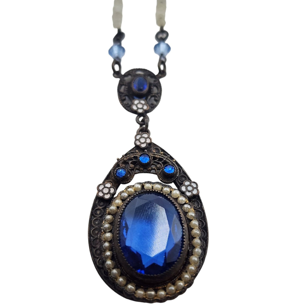 Vintage Enamel & Faceted Glass Pendant Necklace (A3854)