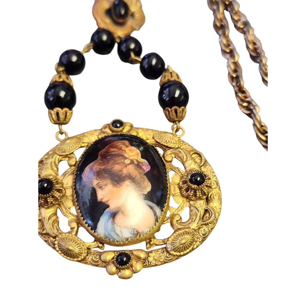 Antique Czech Painted Porcelain Portrait Necklace (A5727)