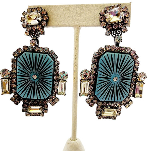 Fabulous Signed CARNEGIE Double Sided Glass and Rhinestone Clip Earrings (A4609)