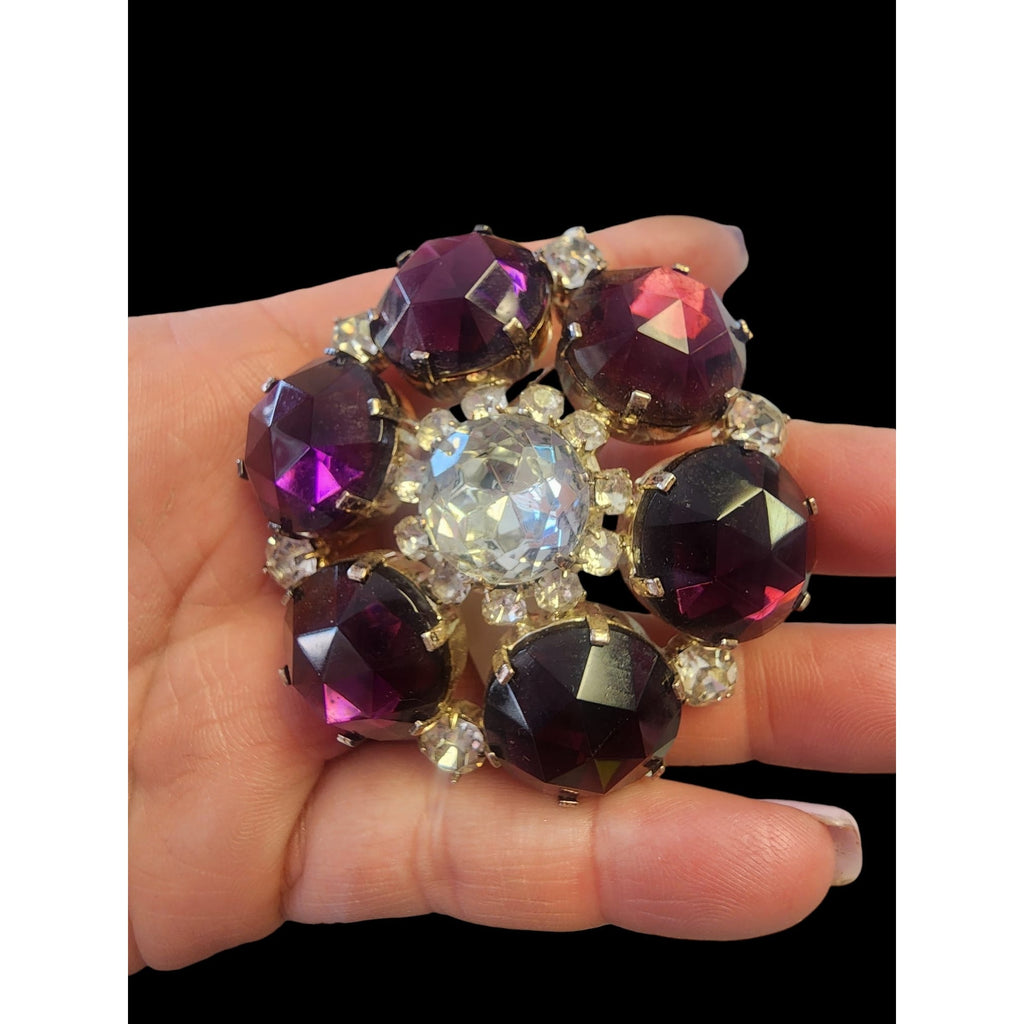 Stunning Vintage Faceted Glass & Rhinestone Brooch With Matching Earrings (A5692)