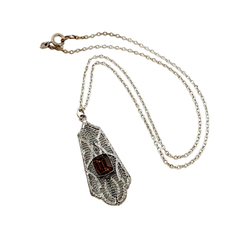 Antique Edwardian Filigree Glass Pendant Necklace (A4527)