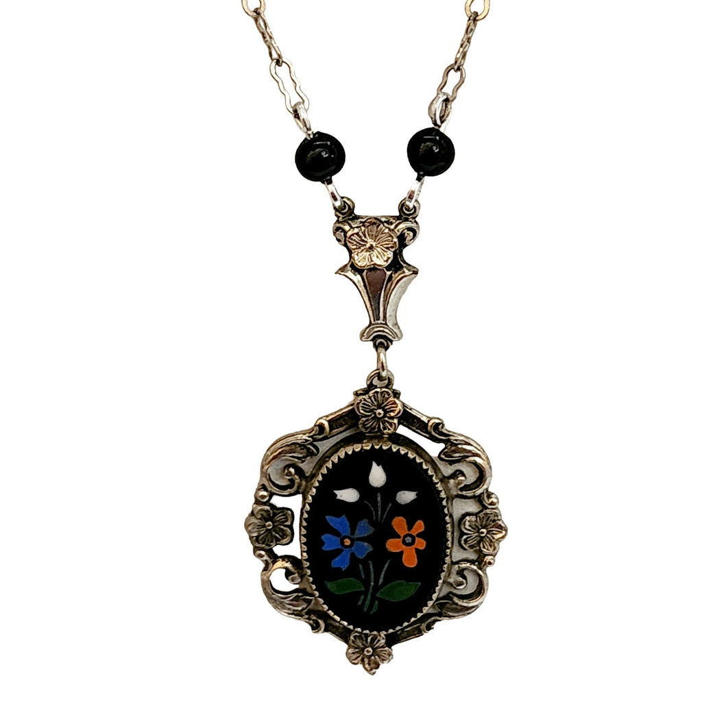 Vintage Art Deco Pietra Dura Style Pendant Necklace (A4506)