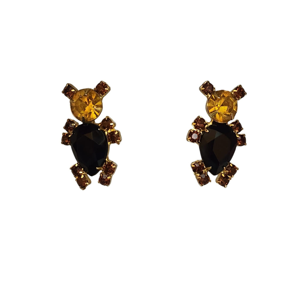 Rare Signed Dominque 80s Rhinestone Teddy Bear Pierced Earrings (A5742)