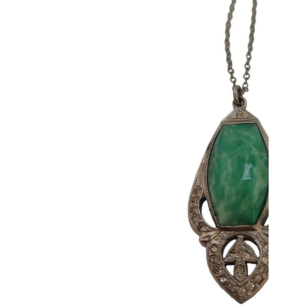 Antique Mottled Green Glass Art Deco & Paste Pendant Necklace (A3884)